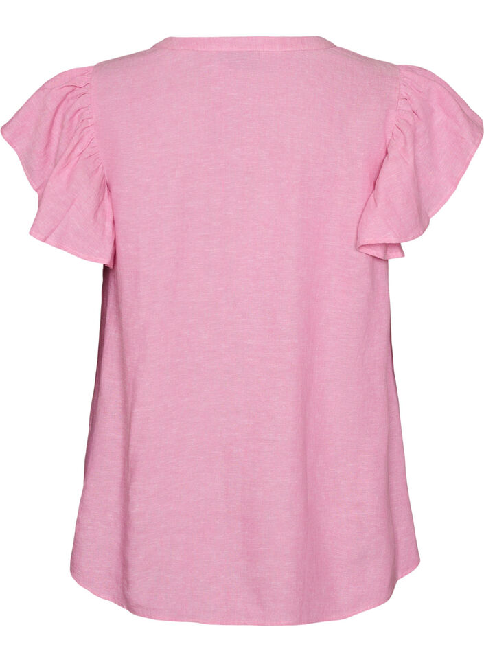 Bluse i viskose og lin med volangermer, Rosa, Packshot image number 1