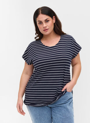 T-skjorte i bomull med striper, Blue Stripe, Model image number 0
