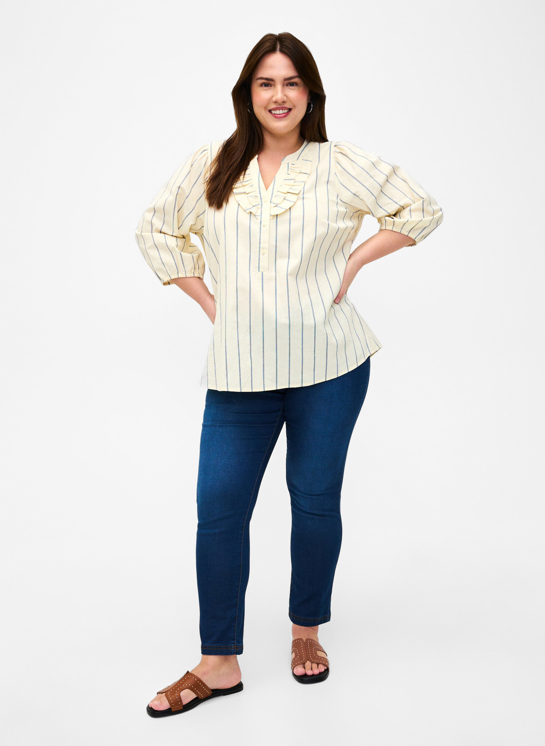 Zizzi Bomullsbluse med striper og trekvartlange ermer, Eggnog Stripe, Model image number 2