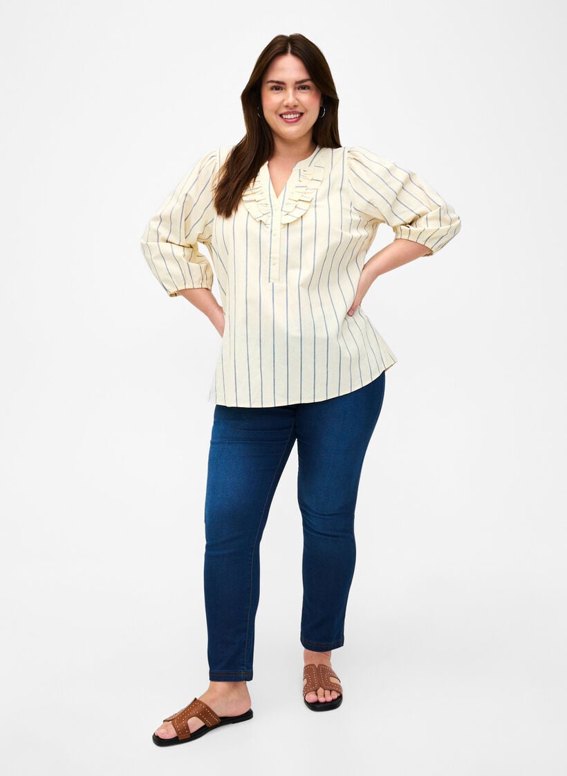 Bomullsbluse med striper og trekvartlange ermer, Eggnog Stripe, Model image number 2