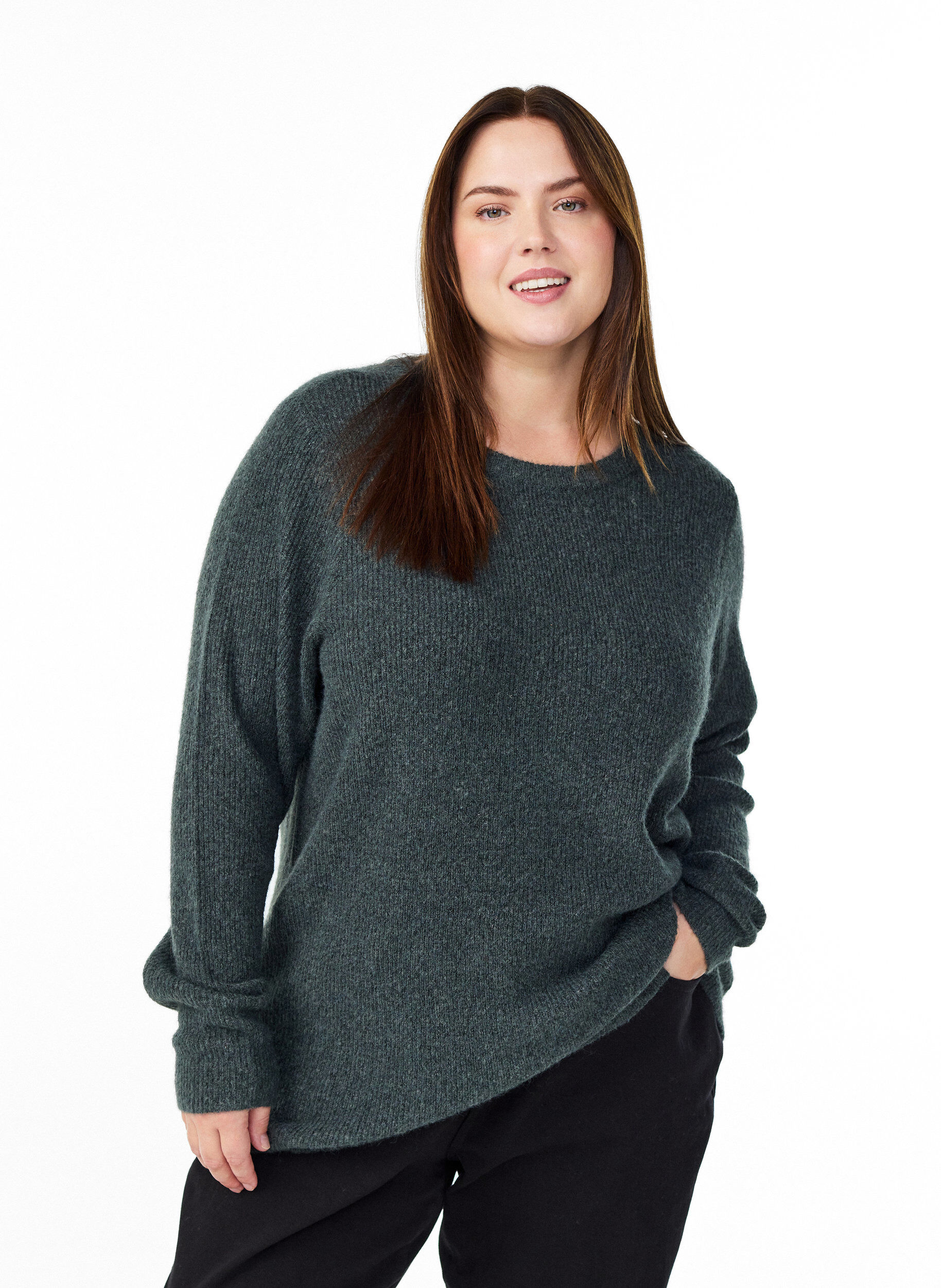 Melert strikkebluse med rund hals, Gr&oslash;nn, Model