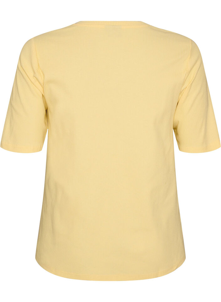 Ribbestrikket jerseybluse med korte ermer, Gul, Packshot image number 1
