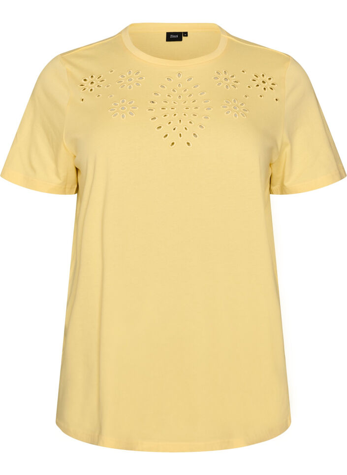 T-skjorte i &oslash;kologisk bomull med hullbroderi, Gul, Packshot image number 0