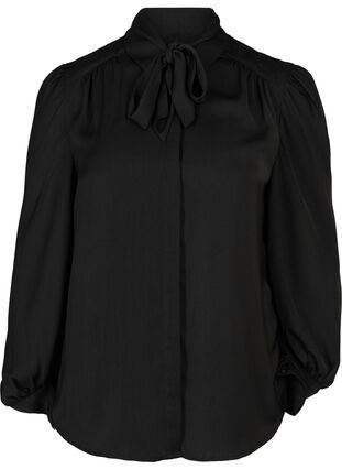 Skjorte med lette puffermer og knytedetalj, Black, Packshot image number 0