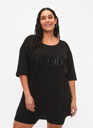 Oversized bomulls T-skjorte med mønster, Black GOOD, Model image number 0