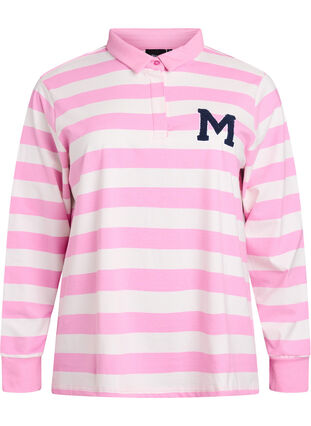 Zizzi Stripete poloskjorte med frottédetaljer, Bubblegum w. White, Packshot image number 0