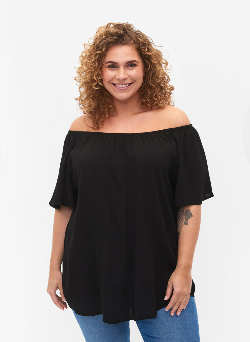 Ensfarget viskosebluse med korte ermer, Black, Model image number 0