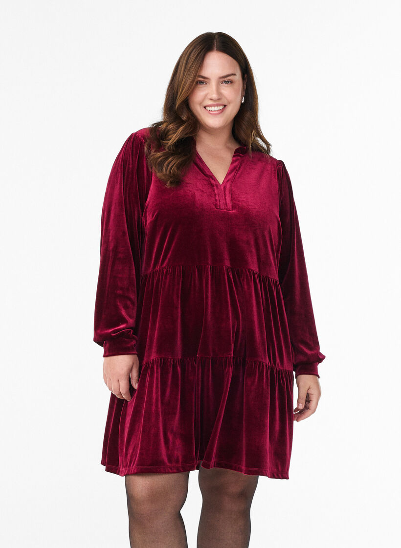 Kort velourkjole med volangkrage og lange ermer, Rød, Model image number 0