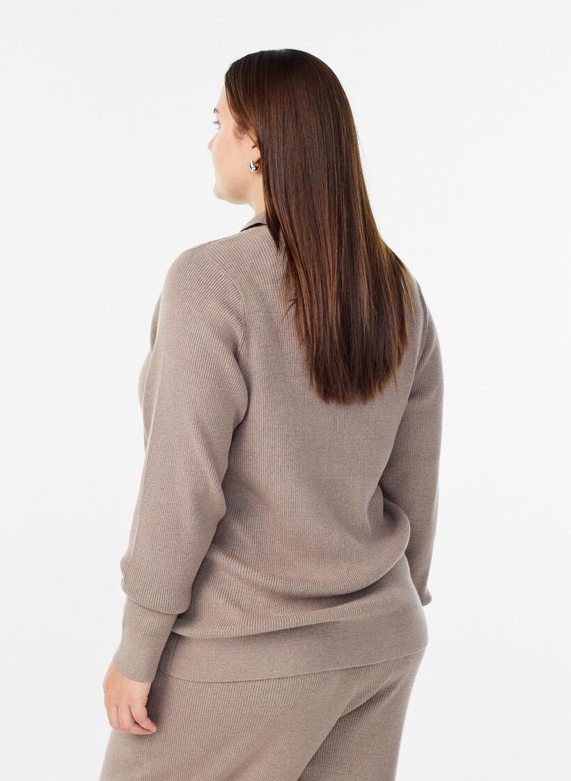 Ribbestrikket genser med polokrage og glidelås, Beige, Model image number 2