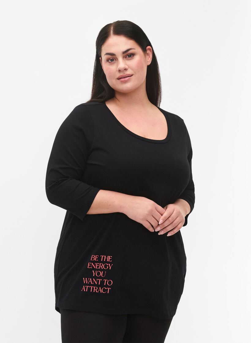 T-skjorte i bomull med 3/4-ermer, Black, Model image number 0