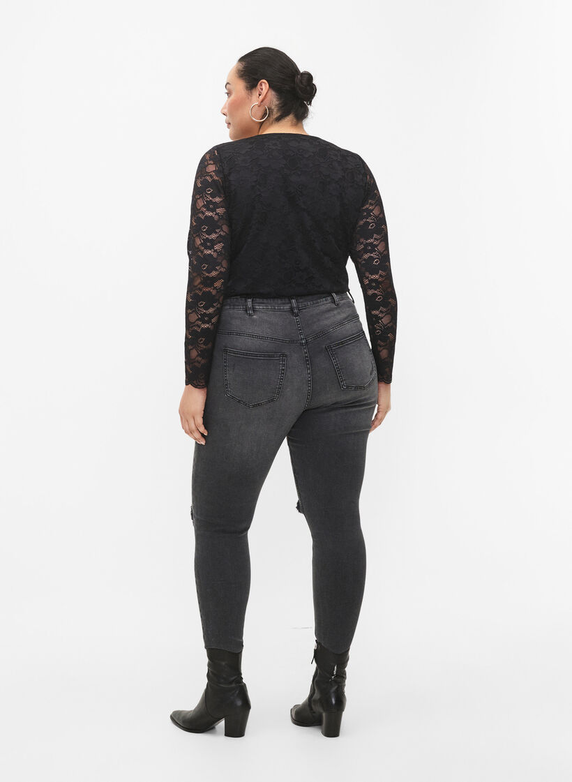 Tettsittende jeans med detaljer, Grey Denim, Model image number 1