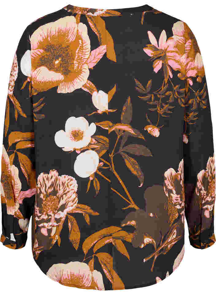 Bluse i 100% viskose med blomstermønster, Black Flower AOP, Packshot image number 1
