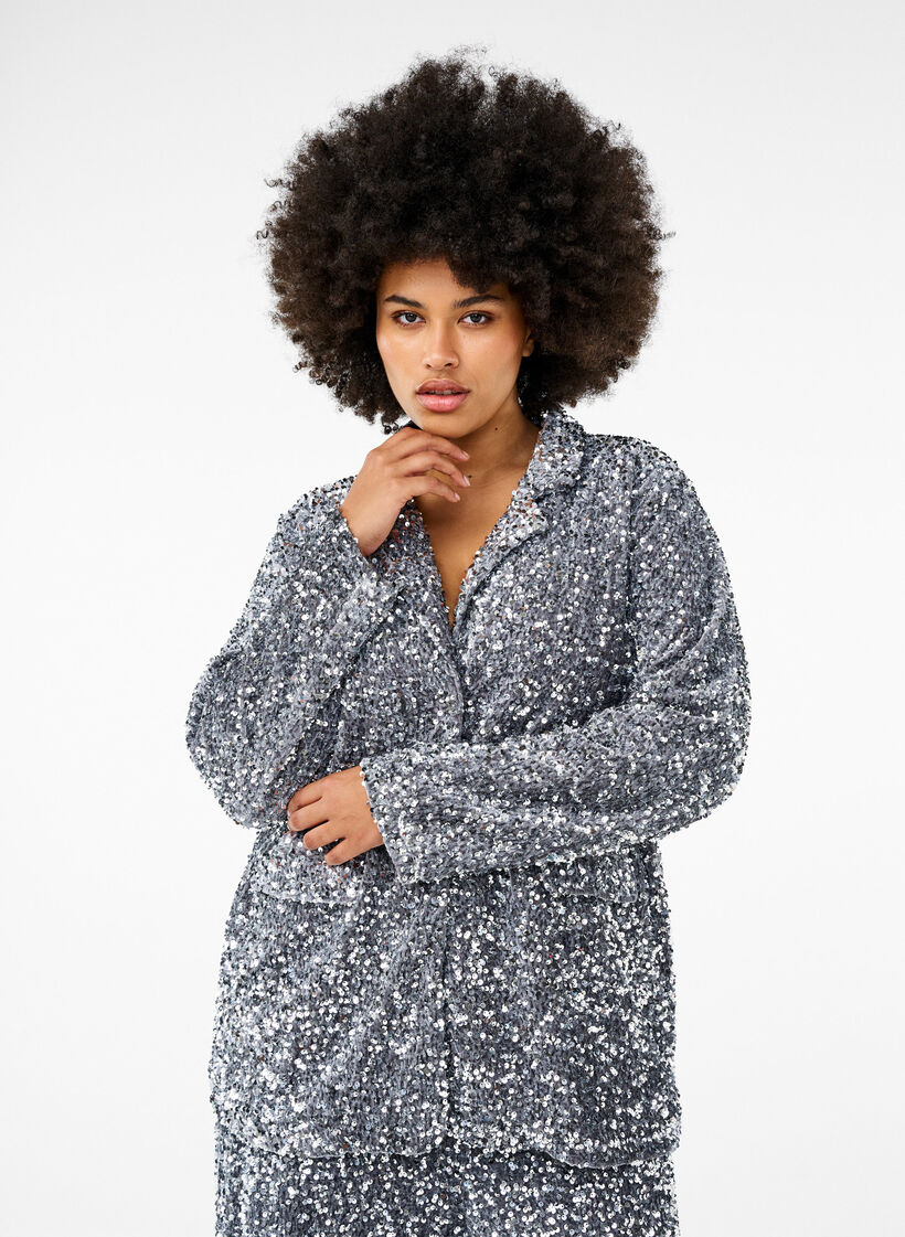Paljettblazer med lommer, Silver, Model image number 0