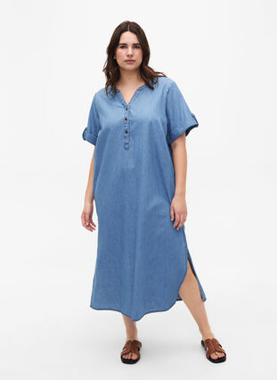 Zizzi Denimkjole med splitt og korte ermer, Blue denim, Model image number 0
