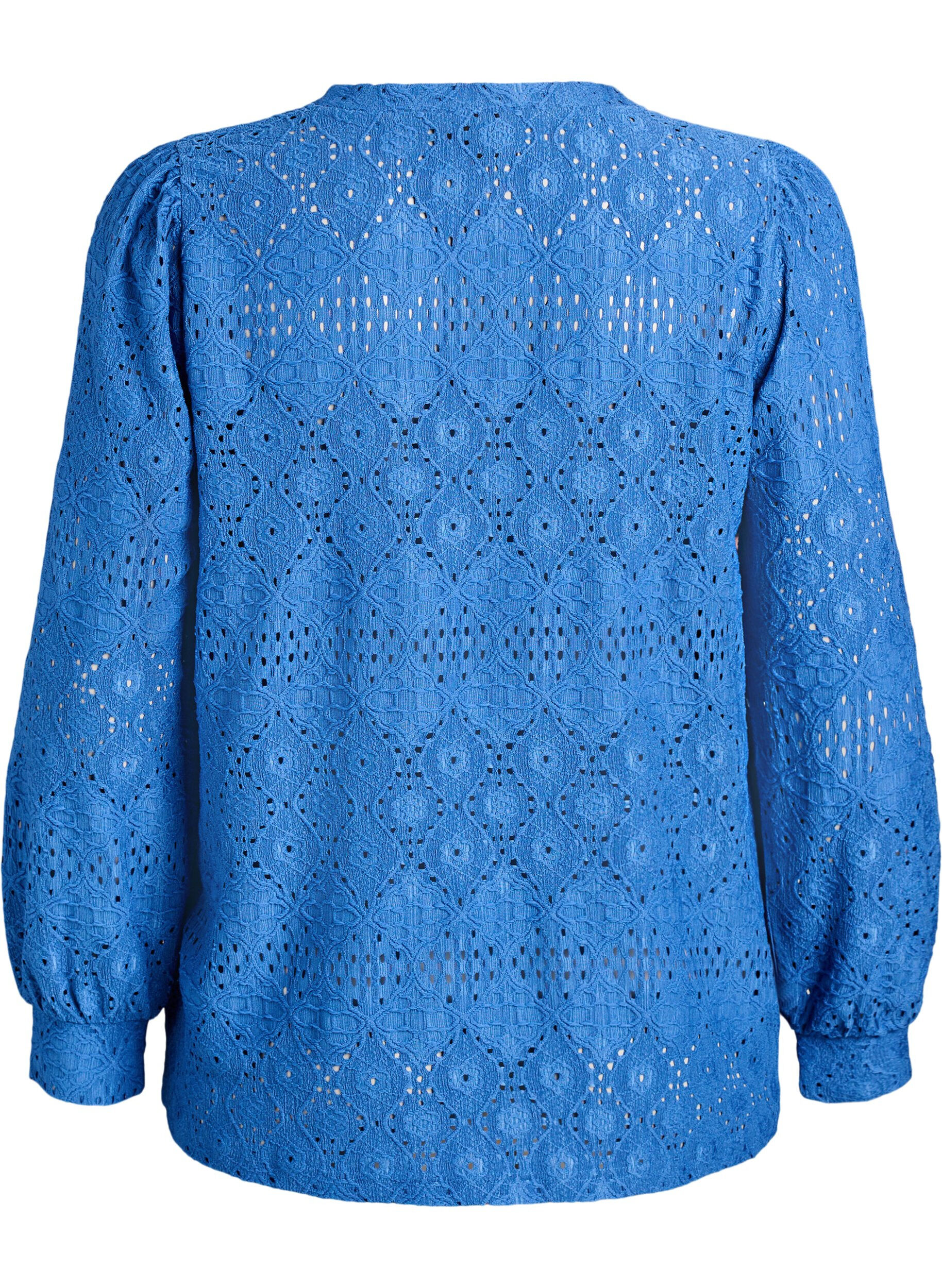 Zizzi Langermet bluse med hullbroderi, Bl&aring;, Packshot image number 1