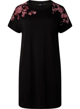 Nattkjole med blomstertrykk i bomull, Black, Packshot image number 0