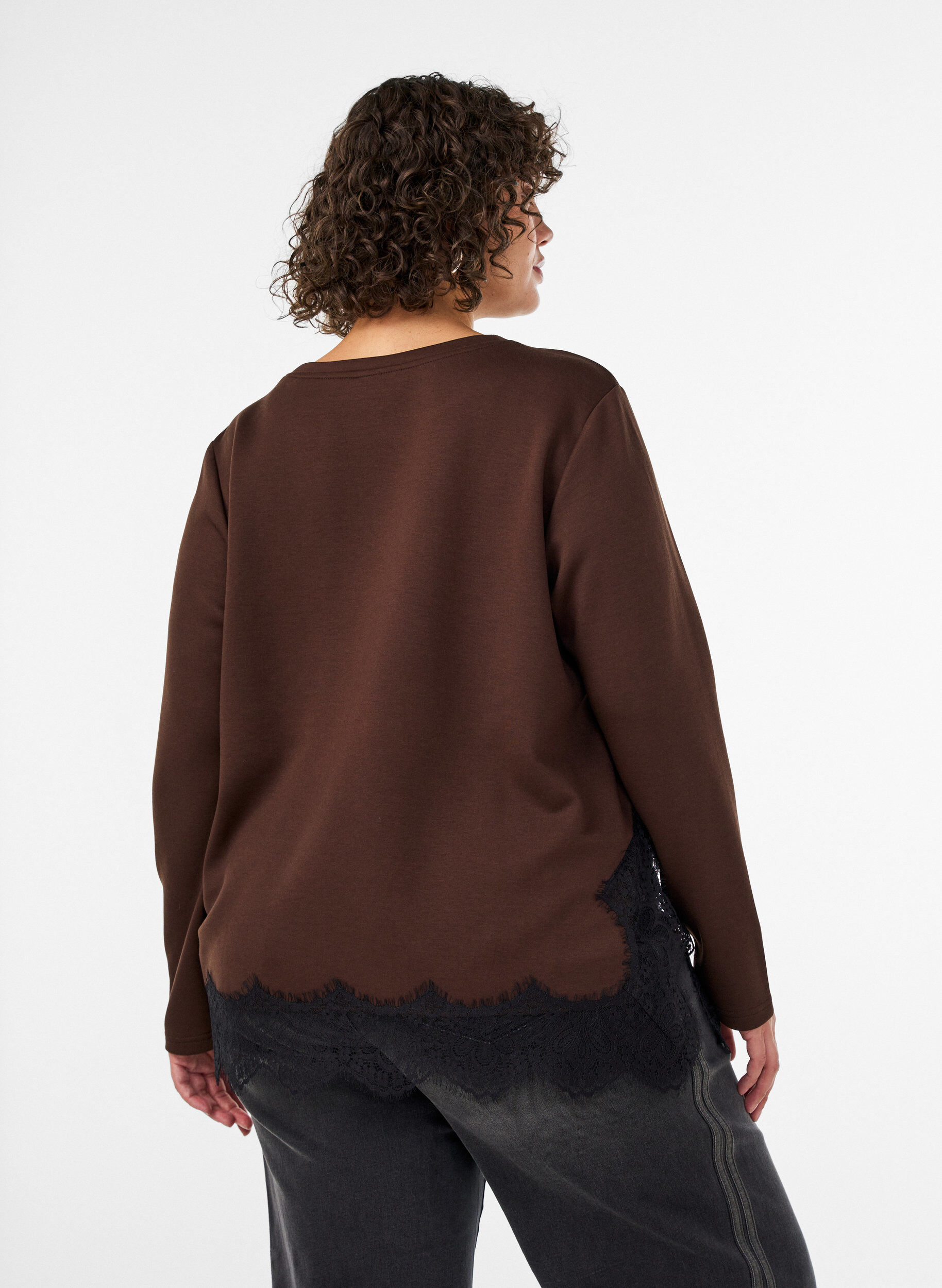 ZizziJerseybluse med blonderkant, Brun, Model image number 2