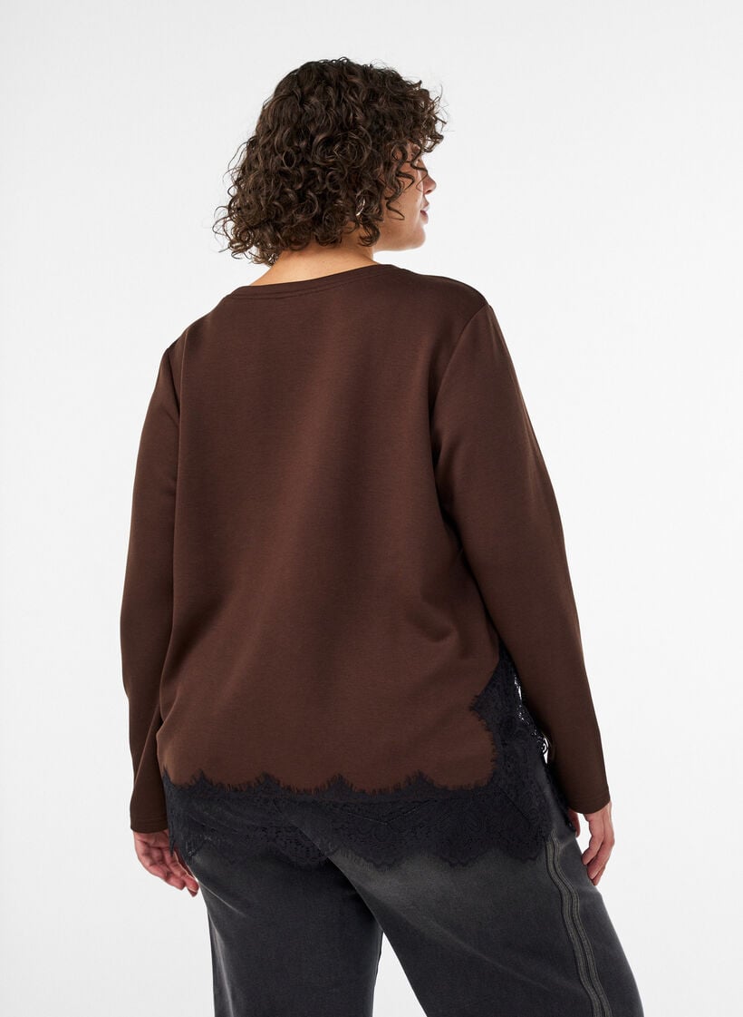 Jerseybluse med blonderkant, Brun, Model image number 2