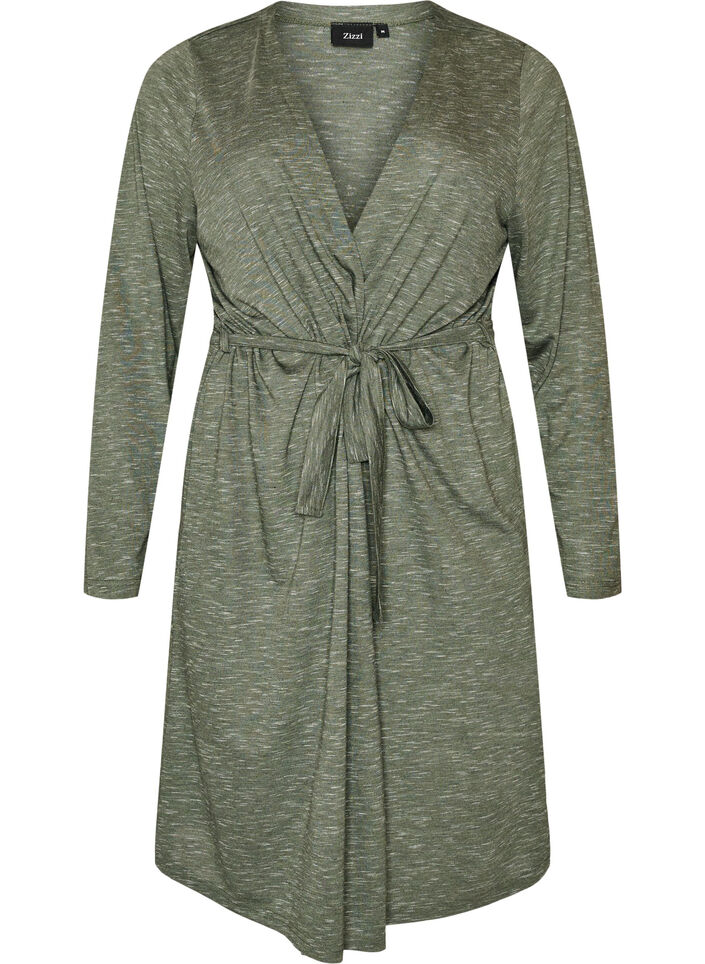 Lang jersey cardigan med knytebelte, Gr&oslash;nn, Packshot image number 0