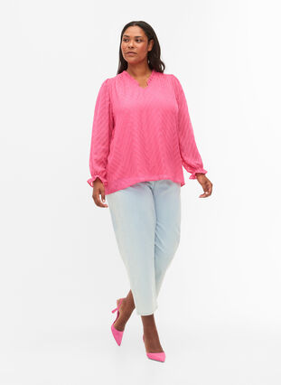 Bluse med lange ermer og volangdetaljer, Shocking Pink, Model image number 2