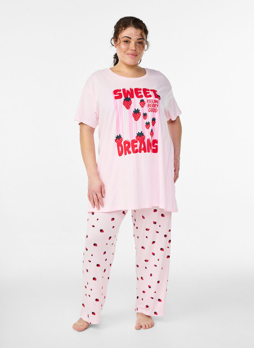 Lang natt-T-skjorte i &oslash;kologisk bomull med trykk, Rosa, Model image number 1