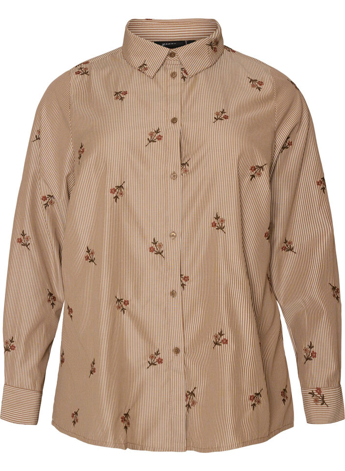 Stripete skjorte med broderte blomster, Brun, Packshot