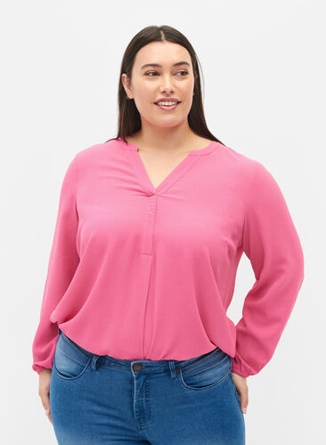 Ensfarget bluse med V-hals, Shocking Pink, Model image number 0
