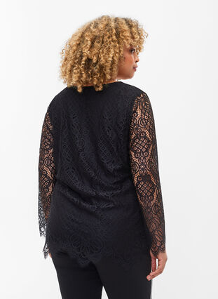 Langermet blondebluse med V-hals, Black, Model image number 1