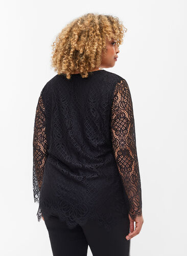 Langermet blondebluse med V-hals, Black, Model image number 1