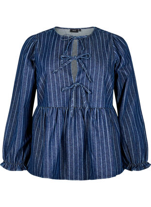 Zizzi Stripete denimbluse med knyting foran, Blå, Packshot image number 0