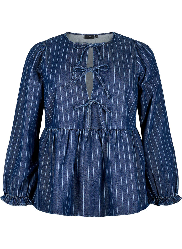 Stripete denimbluse med knyting foran, Blå, Packshot image number 0