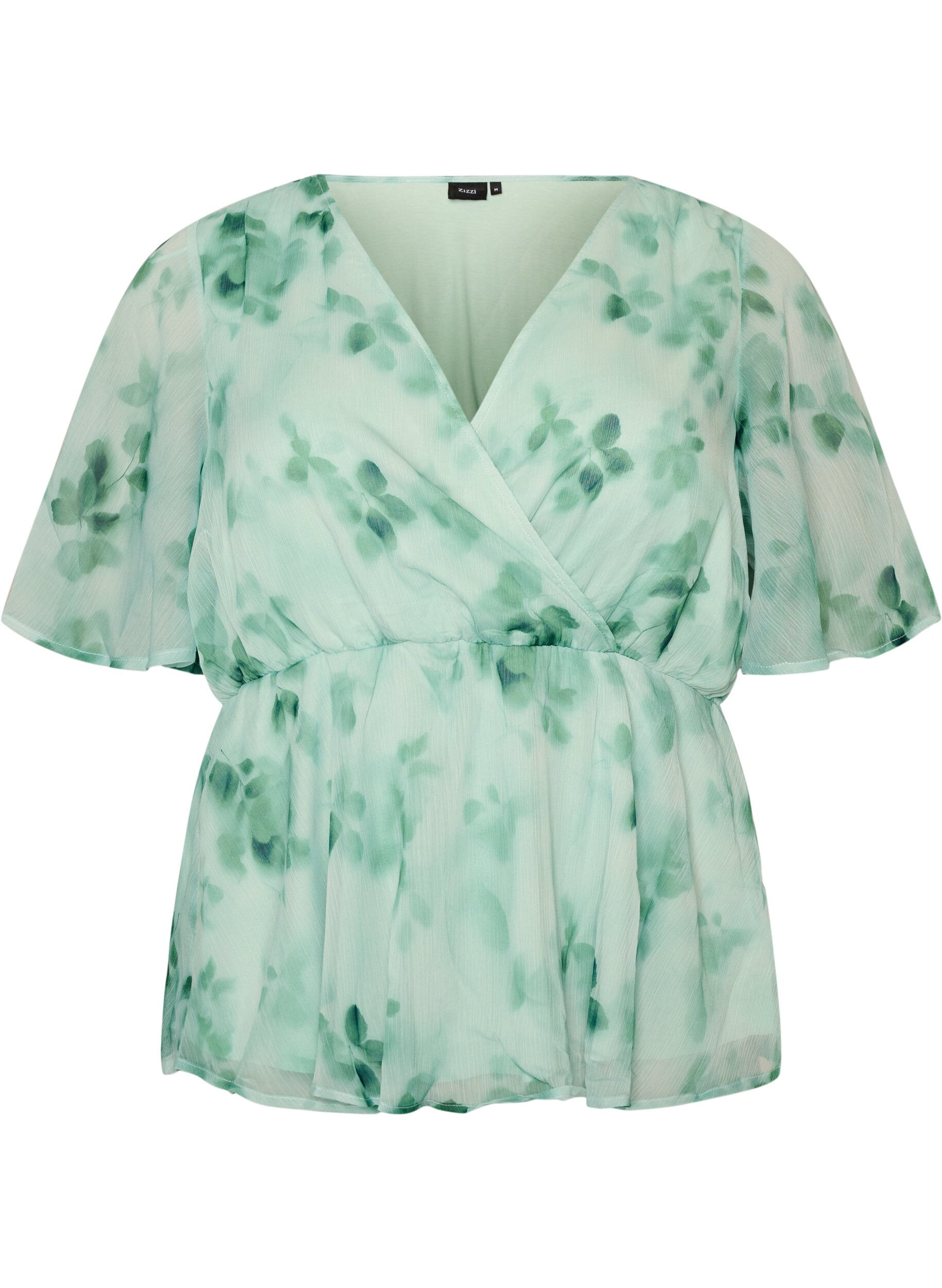 Bluse i blomstrete chiffon med korte ermer