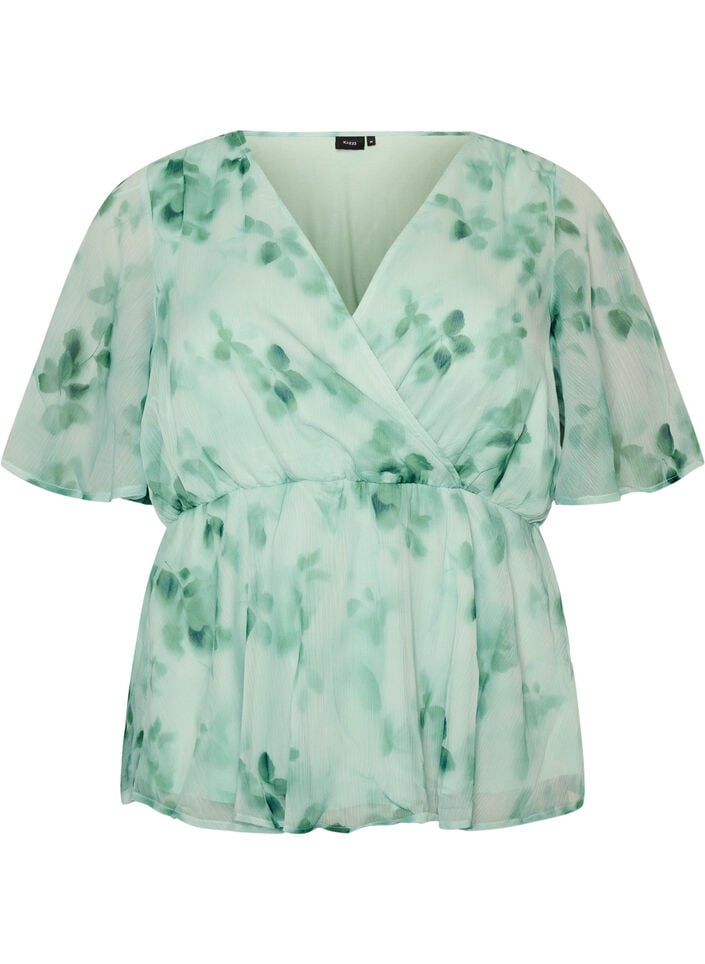 Bluse i blomstrete chiffon med korte ermer, Gr&oslash;nn, Packshot image number 0