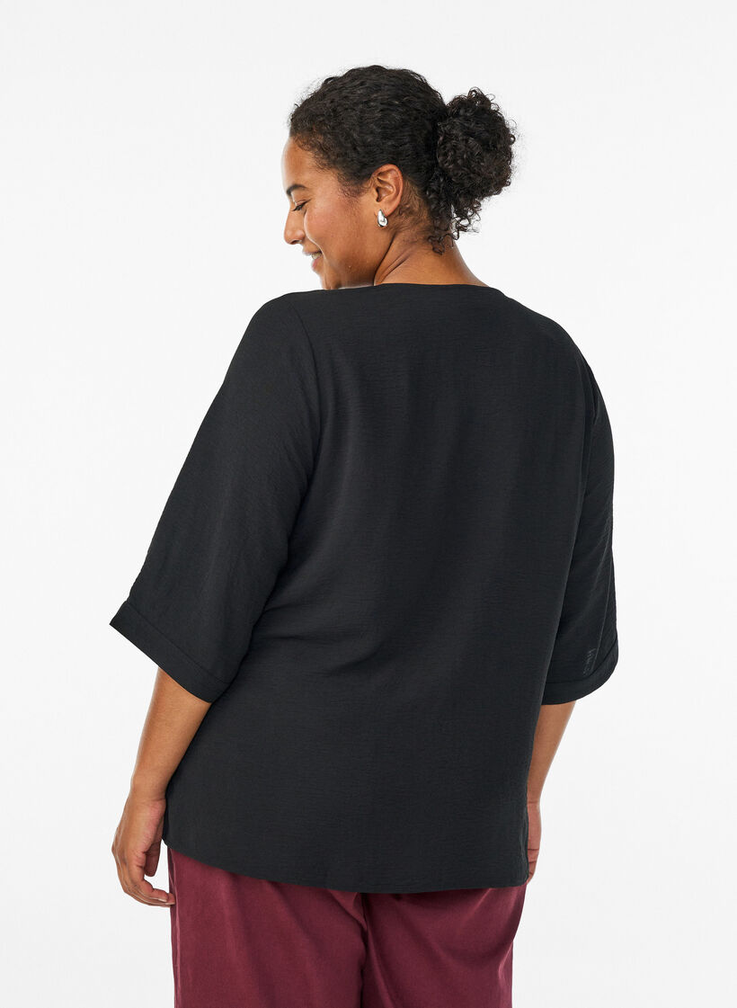 Skjortebluse med v-hals og 3/4 ermer, Svart, Model image number 2