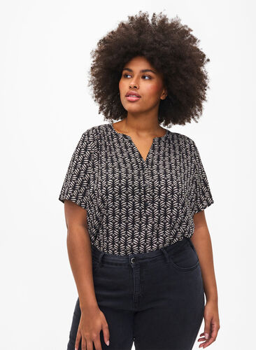 Zizzi Bluse med korte ermer og V-hals, Black S.Graphic AOP, Model image number 0