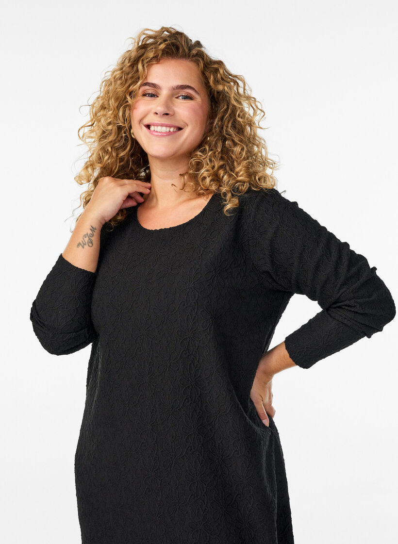 Blomstrete teksturert kjole med lange ermer, Svart, Model image number 2