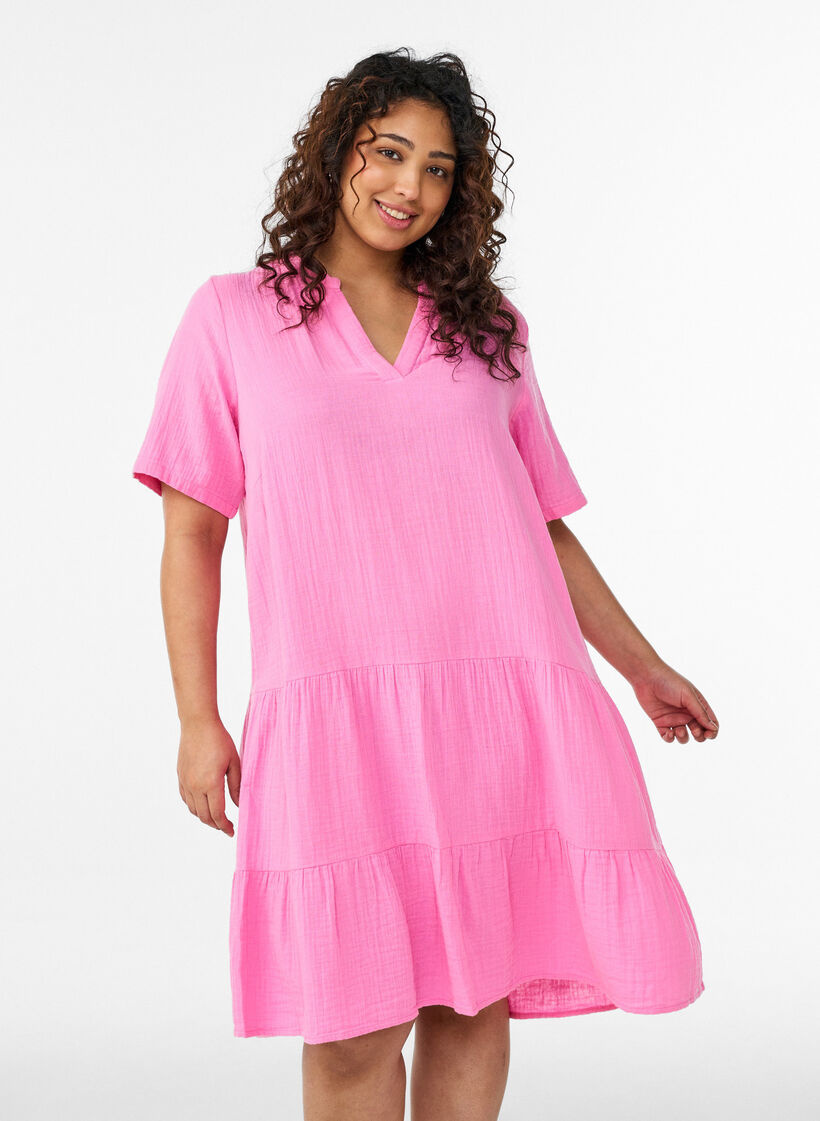 Kort A-linjekjole i bomullsmuslin, Rosa, Model image number 0