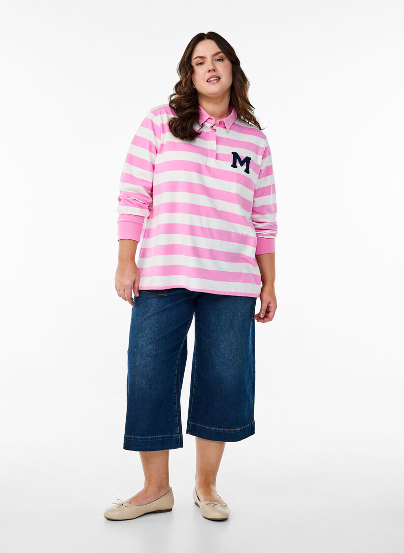 Stripete poloskjorte med frottédetaljer, Bubblegum w. White, Model image number 2