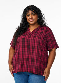 Bluse med rutemønster og V-utringning, Mørk Bordeaux Bluse med rutemønster og V-utringning, Mørk Bordeaux, Model