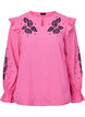 Bomullsbluse med broderi og volanger, Rosa, Packshot image number 0