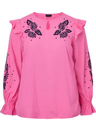 Bomullsbluse med broderi og volanger, Pink P. w. Navy