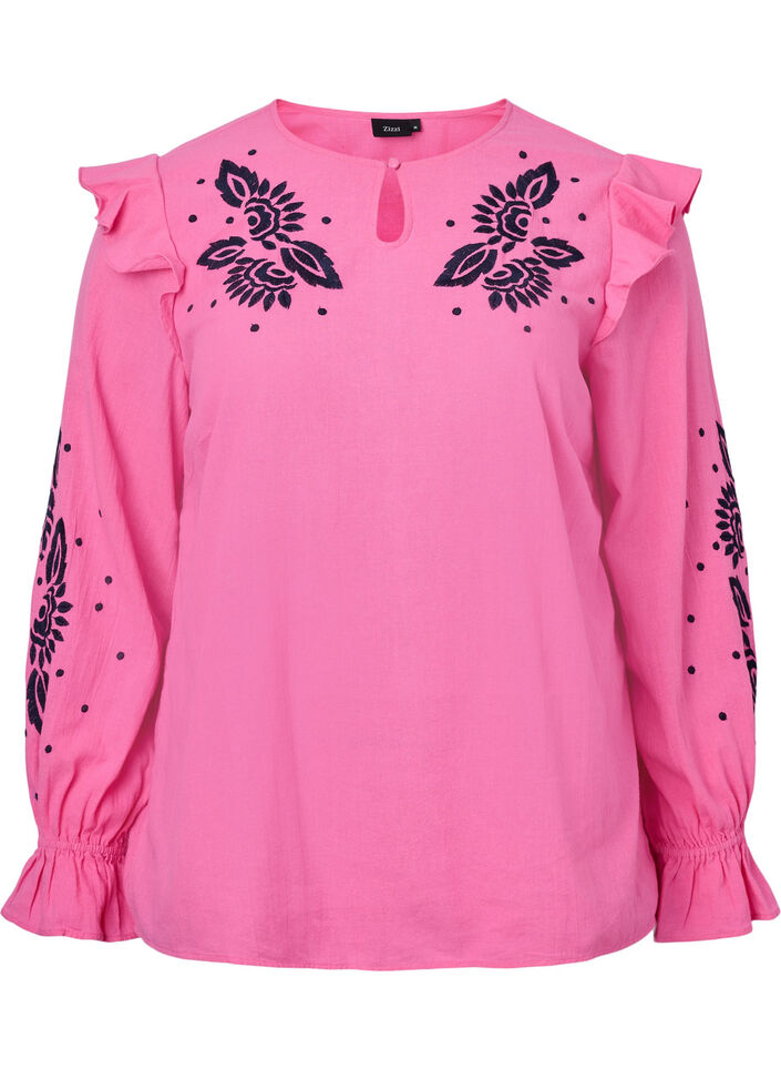 Bomullsbluse med broderi og volanger, Rosa, Packshot image number 0