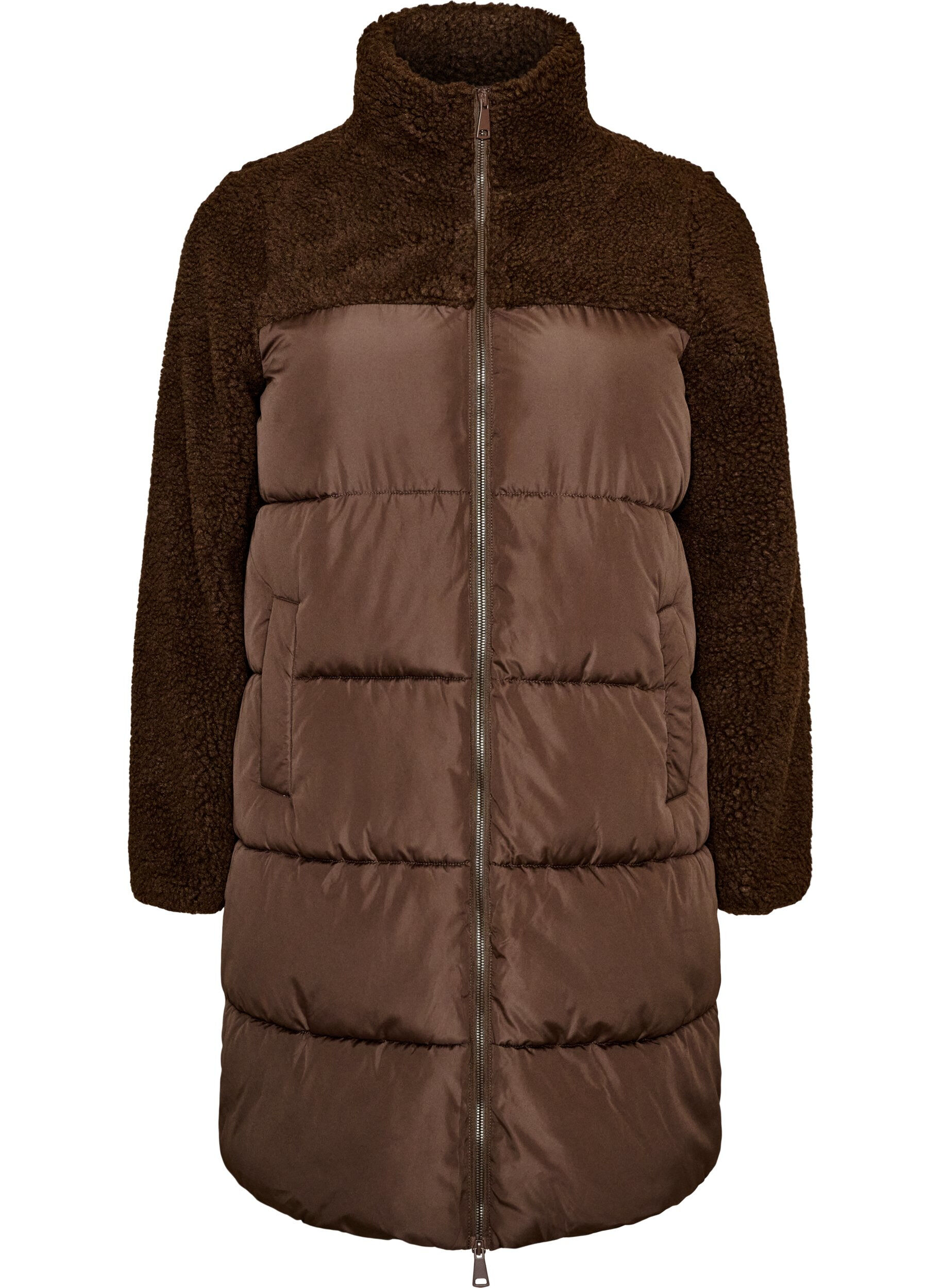 Midilang pufferjakke med teddyfleece