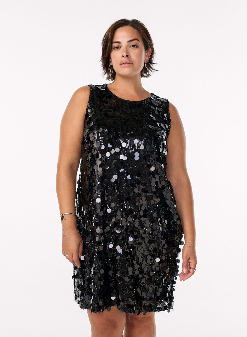 Kort paljettkjole, Svart, Model image number 0