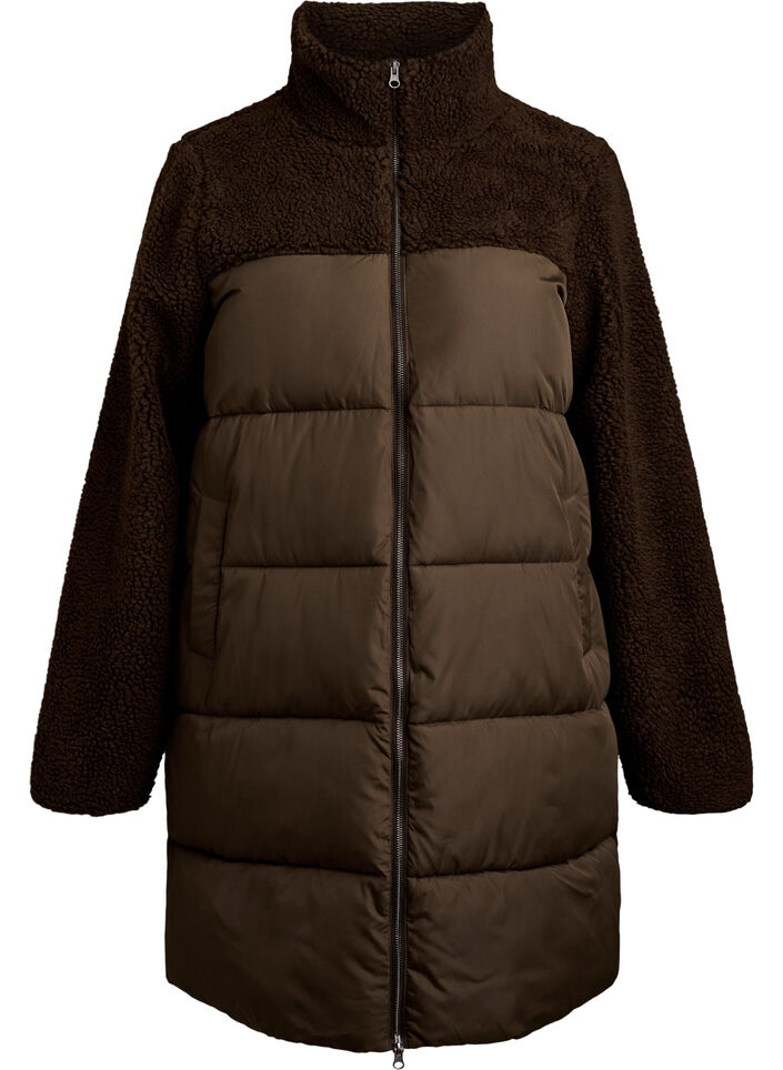 Midilang pufferjakke med teddyfleece, Brun, Packshot image number 0
