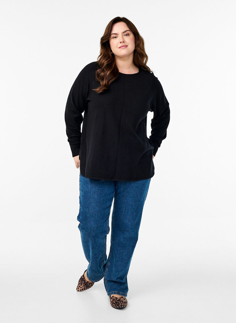 Strikket bluse med rund hals og strikket m&oslash;nster, Svart, Model image number 1