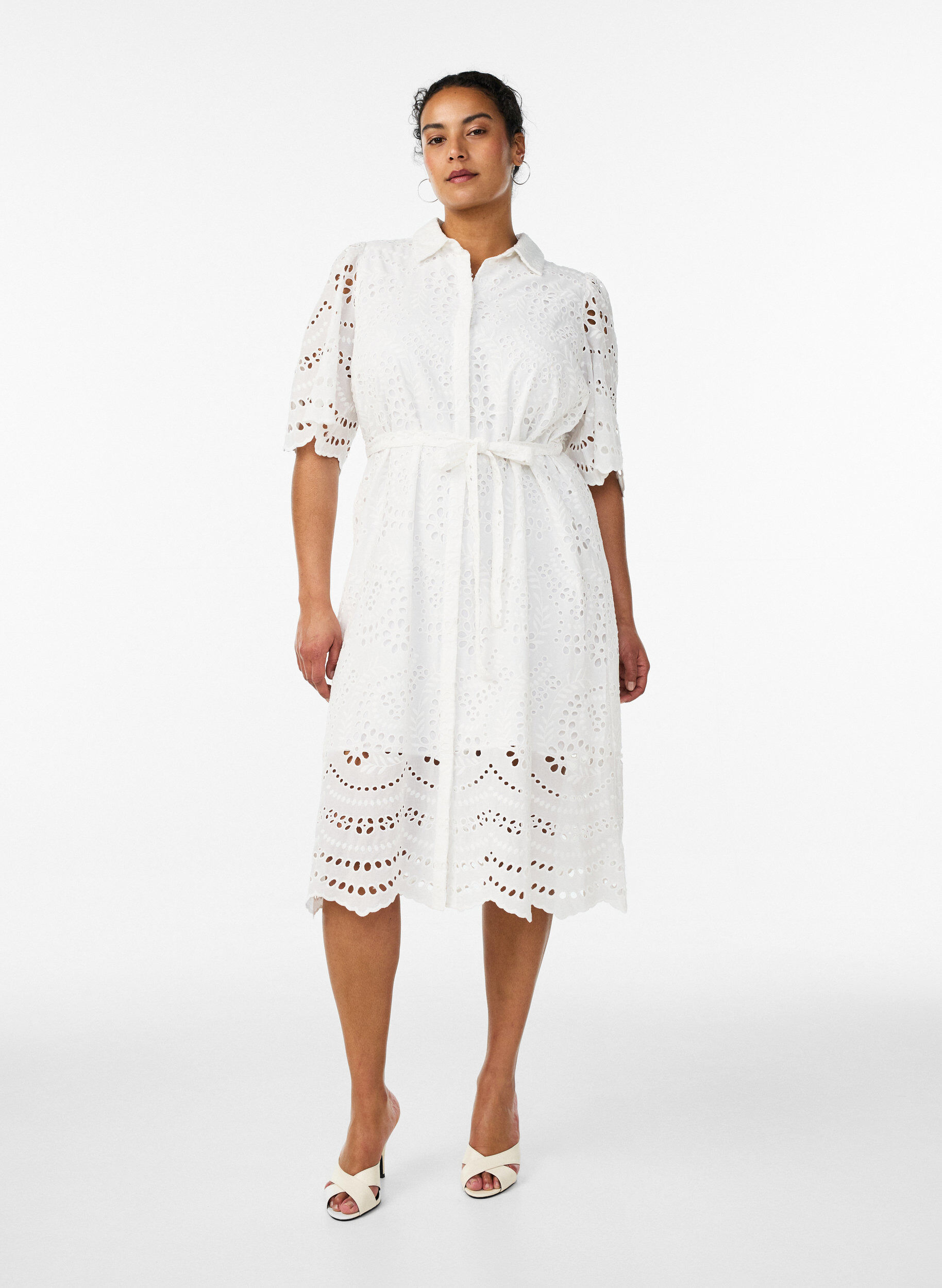 ZizziSkjortekjole i broderie anglaise med knytebelte, Hvit, Model image number 1