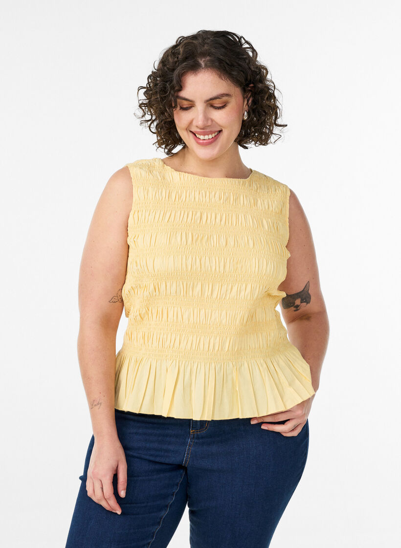 Smock-topp med b&aring;thals og peplum-fald, Gul, Model image number 0