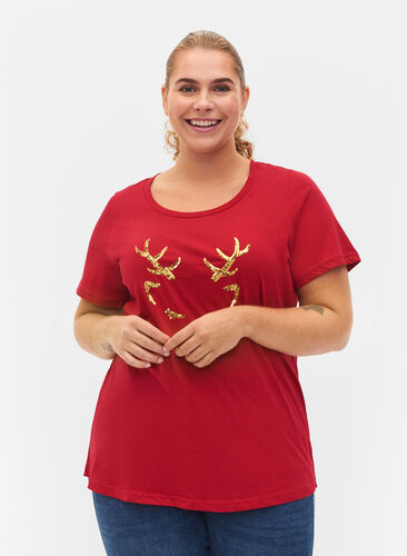 T-skjorte med julemotiv i bomull, Tango Red Reindeer, Model image number 0