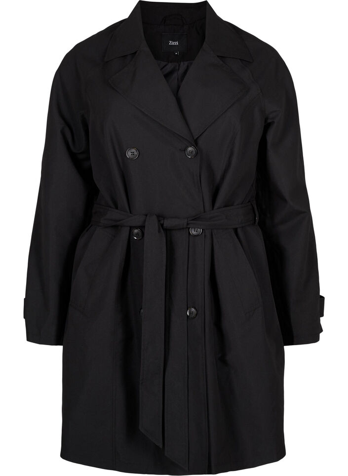 Trenchcoat med belte og slisse, Black, Packshot image number 0